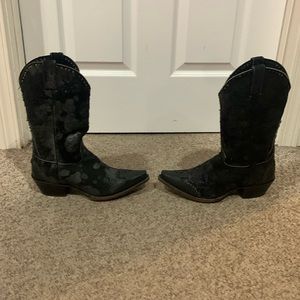 Sonora black suede stamped design studded snip toe leather western Cowboy boots